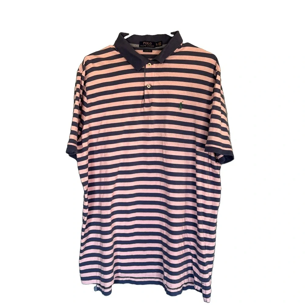 Polo Ralph Lauren Classic Fit Men's XL Blue/Pink Striped Short Sleeve Blue Pony